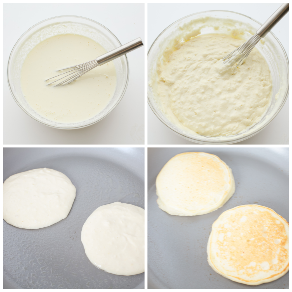 4 pictures showing how to make the pancake batter and cook pancakes. 