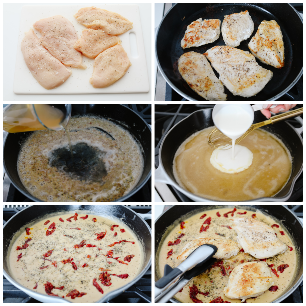 6 Bilder, die zeigen, wie man das Hähnchen kocht, die Sauce zubereitet und sie zusammen in einer Pfanne kocht. 