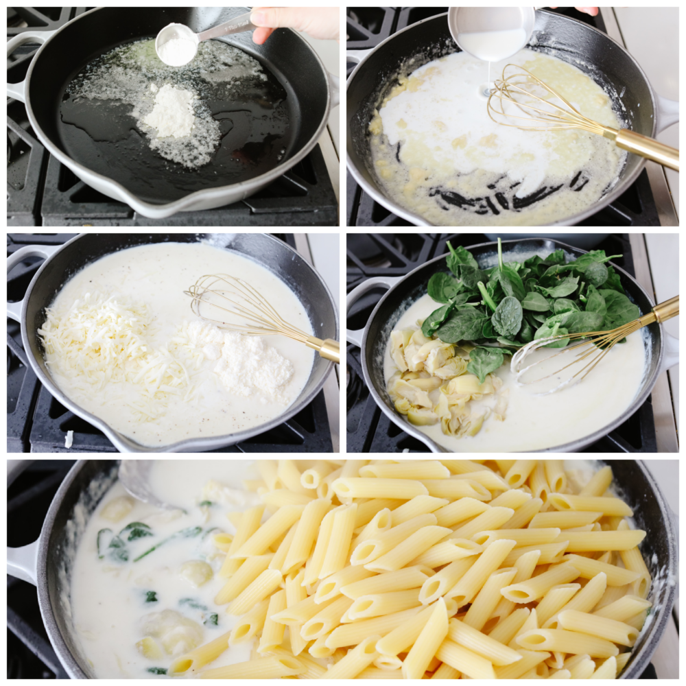 5 pictures showing steps for how to make the sauce, add the spinach and artichokes and add the cooked pasta. 