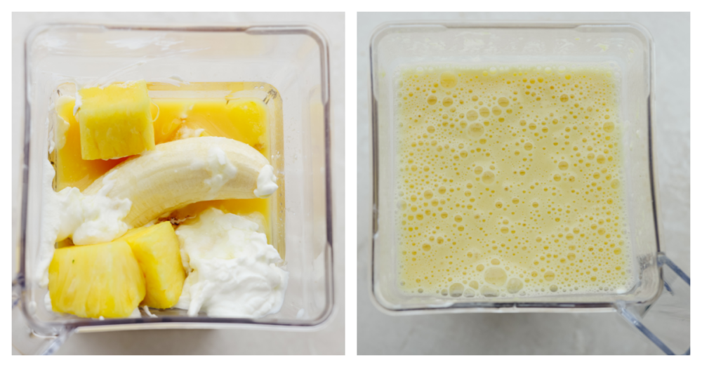 The top view of smoothie ingredients in a blender before and after blending. 
