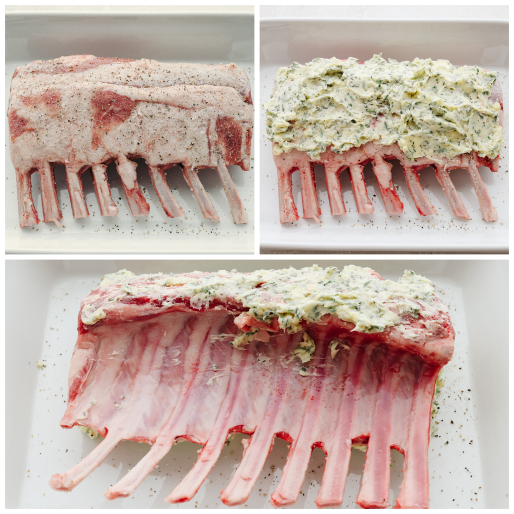 3 pictues showing a butter spread being put onto a raw rack of lamb. 