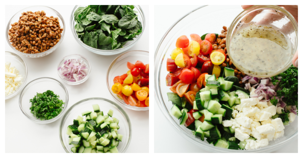 One photo of salad ingredients separated in bowls, one photo of mixing everything together with salad dressing.