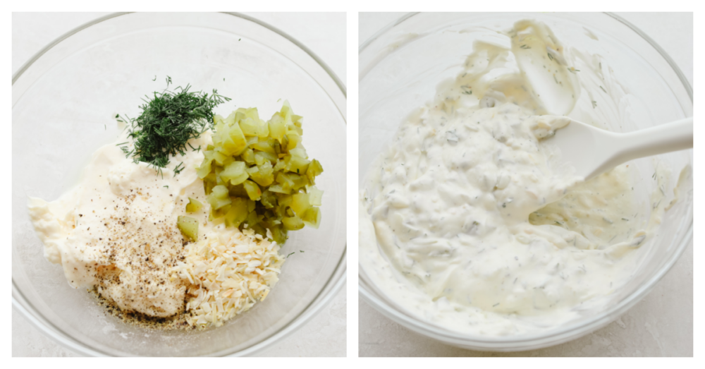 2 pictures showing how to mix up the ingredients for tartar sauce. 