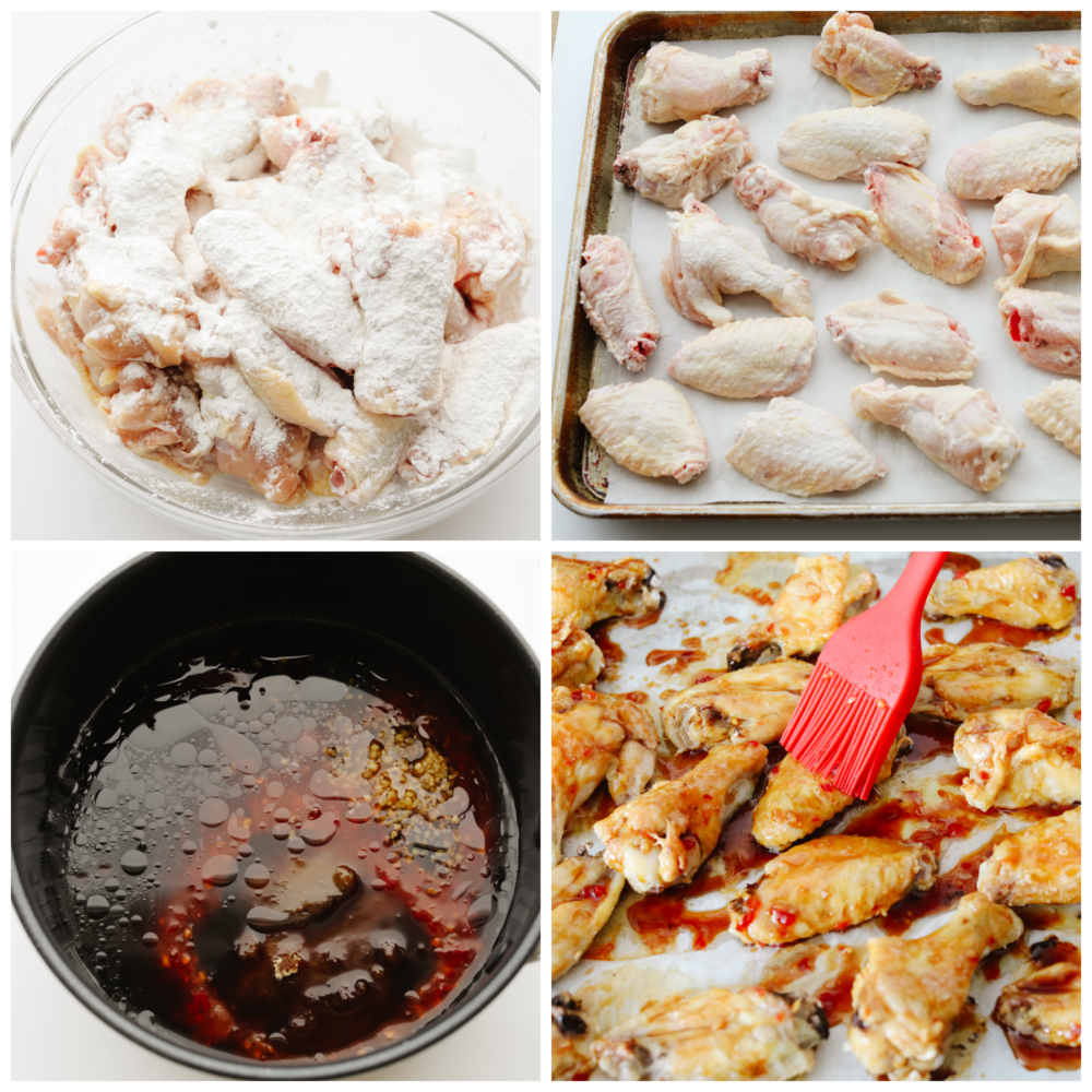 4 pictures showing how to coat the wings, add them to a baking sheets and then add on the honey chipotle sauce. 