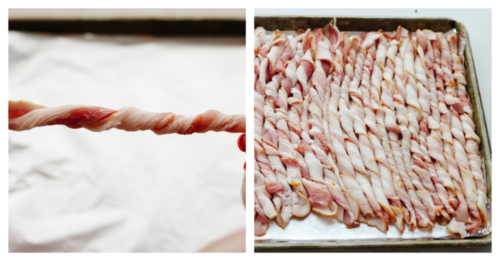 Twisting bacon and adding to a baking sheet.