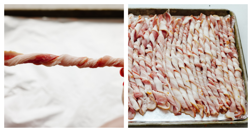 Twisted bacon is beyond easy to make and I love that it's mess-free! Pan-frying bacon can be a little tedious, that's why this method and using an air fryer are my new go-tos! It makes preparing breakfast a breeze. Twisting bacon and adding to a baking sheet.