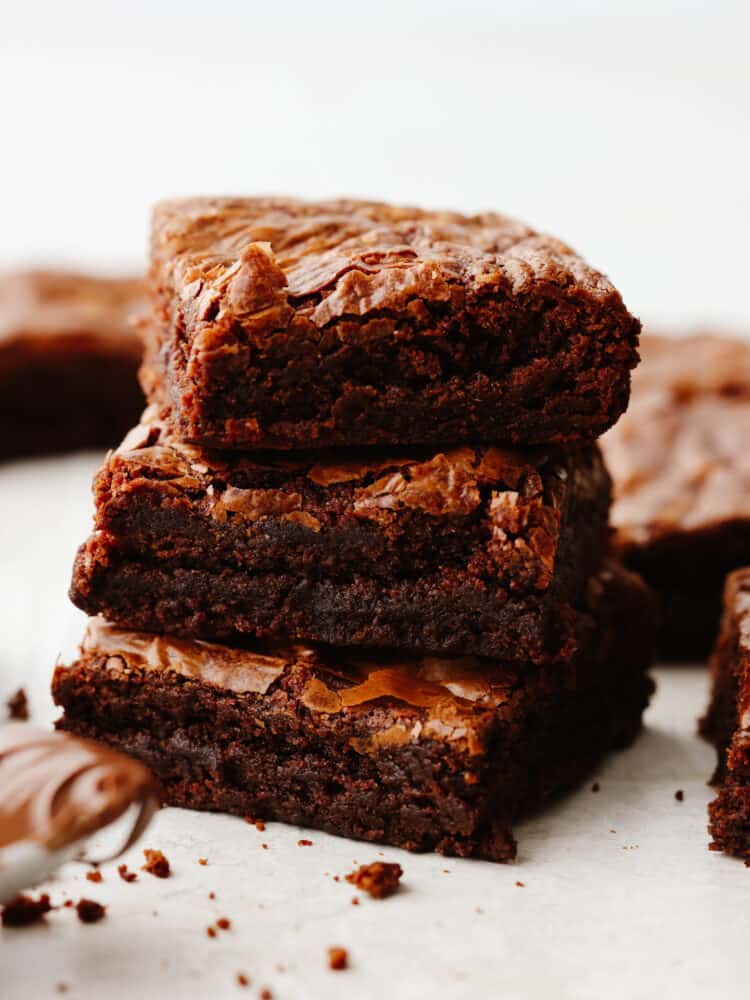 3 brownies stacked on top of each other.