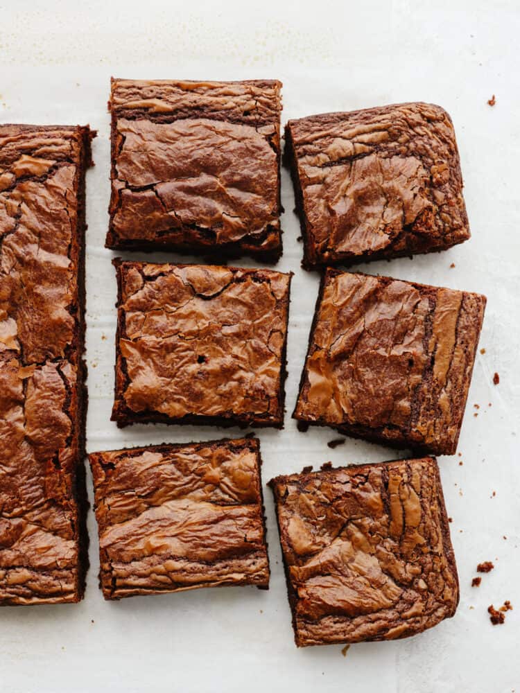 Top-down view of 3-ingredient Nutella brownies cut into 6 pieces.