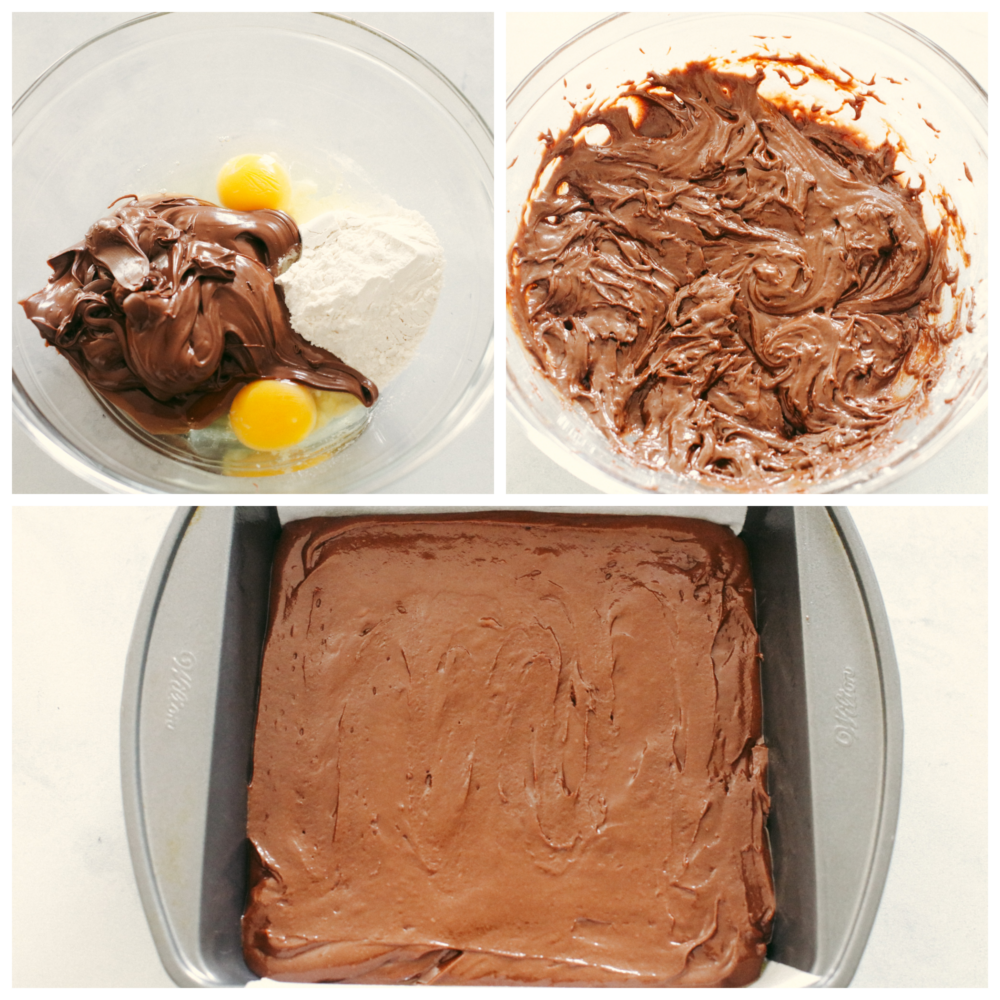 Process shots of preparing brownie batter and adding to pan.