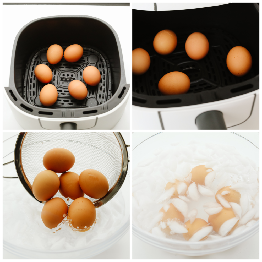 4 pictures showing how to add eggs to an air fryer, cook them and then place them in an ice water bath.