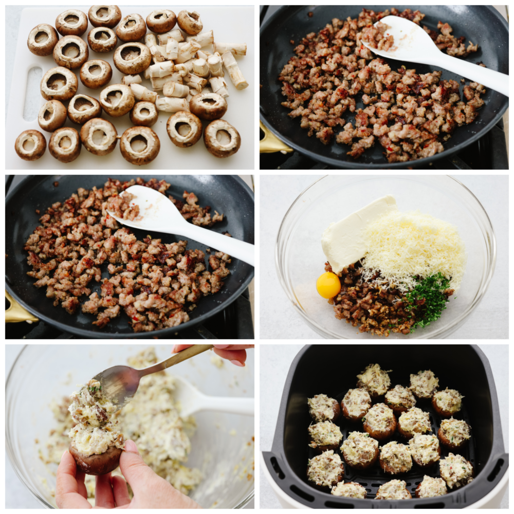 Die perfekte Vorspeise in mundgerechter Größe, die gefüllten Champignons mit Bratwurst sind sättigend und fleischig mit einer köstlichen Wurst, mit der Ihre Familie nicht voll sein wird! Sie eignen sich sowohl als Vorspeise als auch als Beilage, um Ihre Lieblingsgerichte zu ergänzen! 6-Foto-Collage mit vorbereiteten Pilzen und Füllung.
