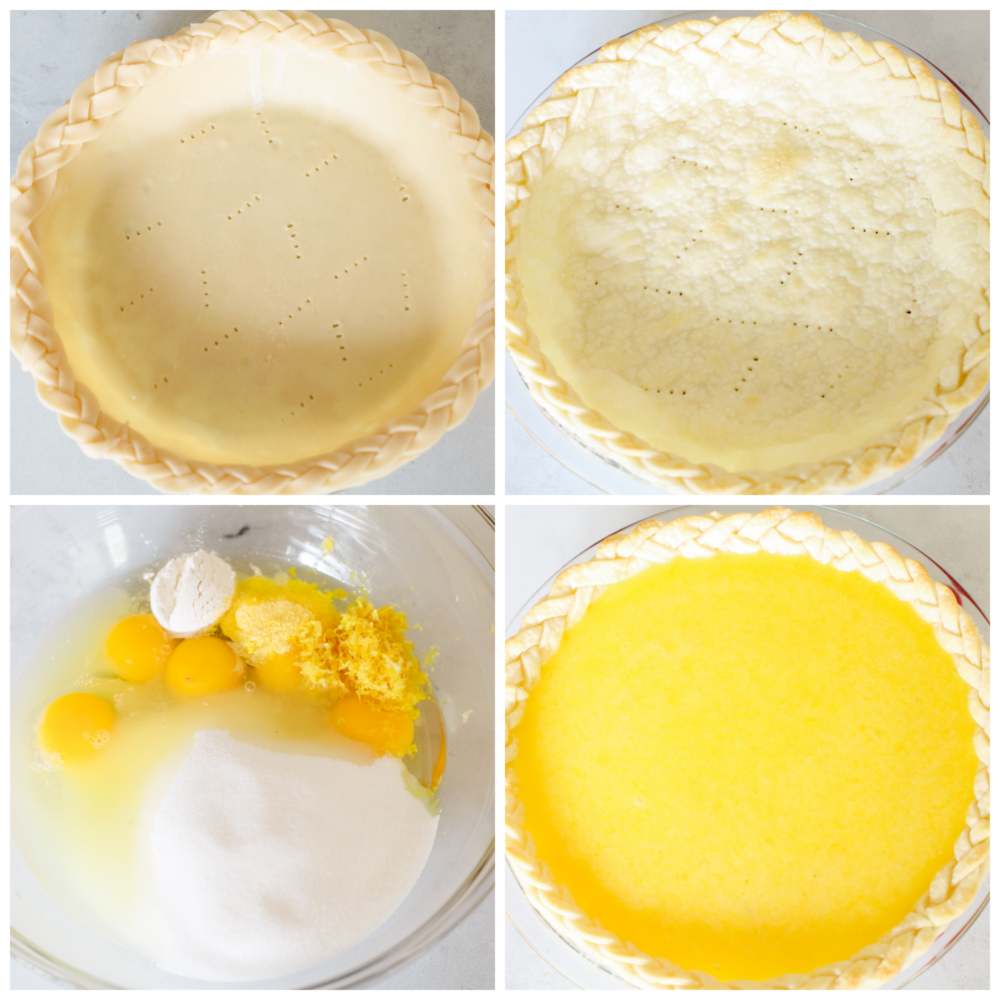 4 pictures showing how to poke the holes in the pie crust, make the filling and add the filling to the crust. 