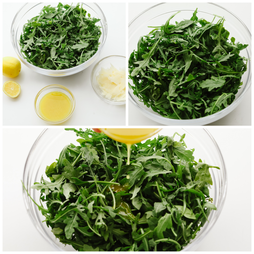 Photos of homemade lemon vinaigrette being tossed with baby arugula leaves.