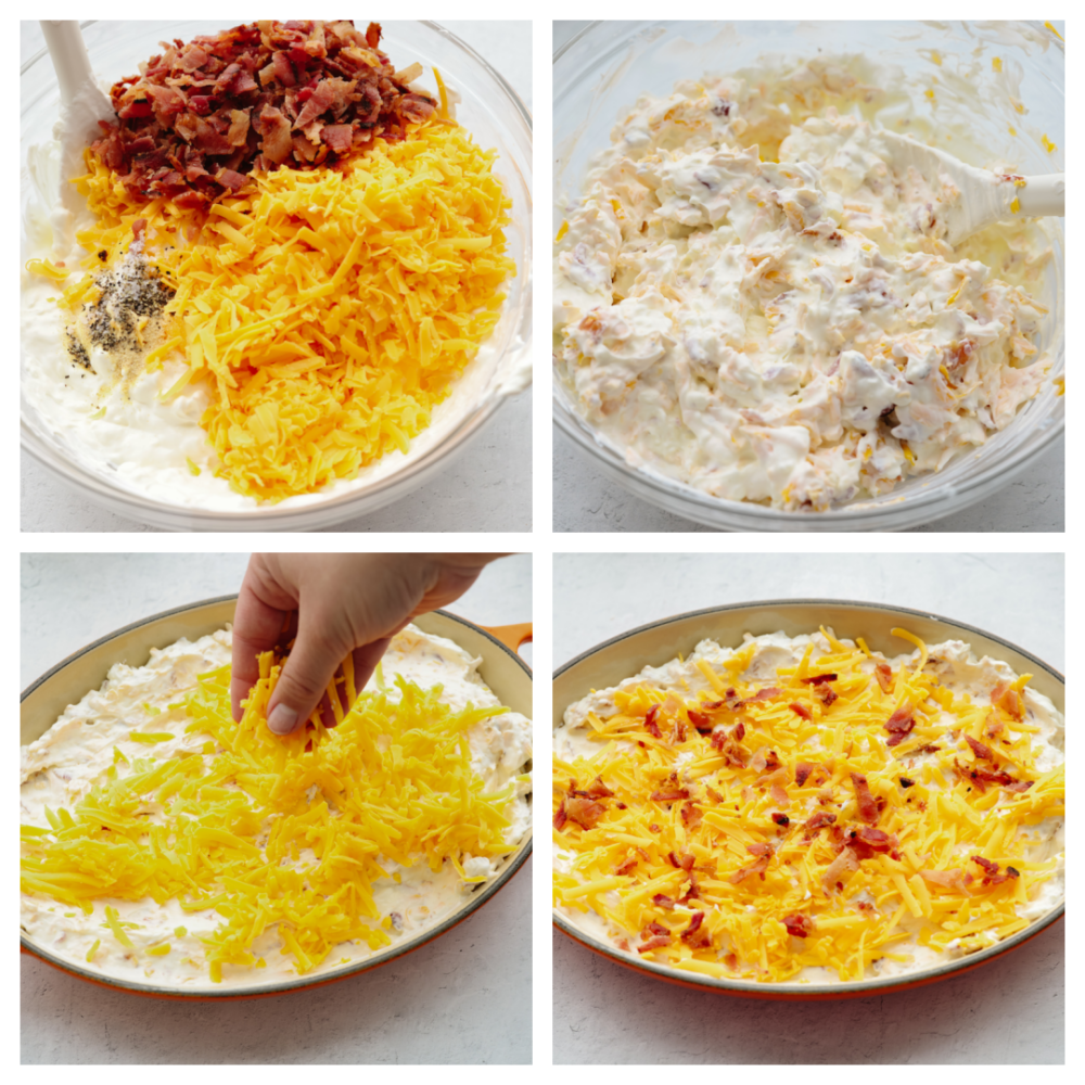 4 process pictures showing how to add the ingredients to the bowl, mix them together and garnish them with bacon and cheese. 