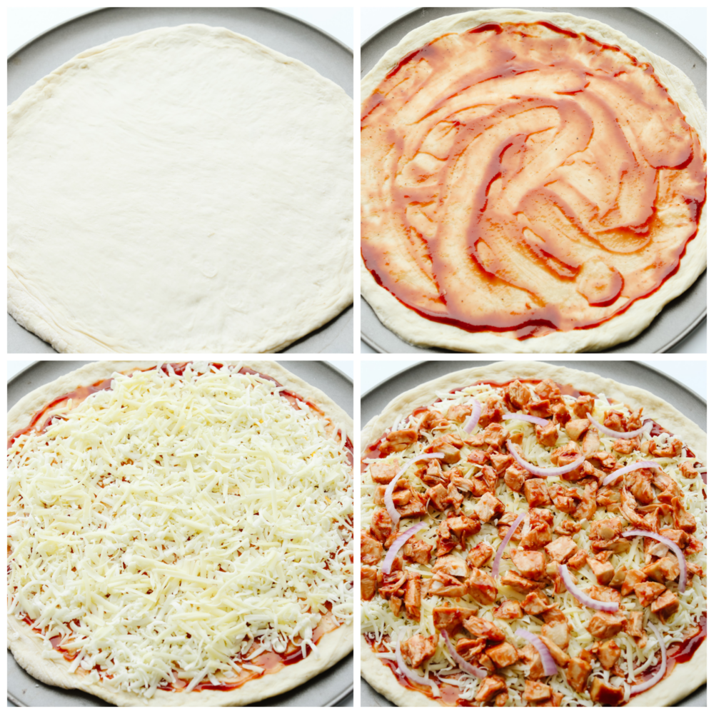 4 immagini che mostrano come aggiungere condimenti all'impasto della pizza. 
