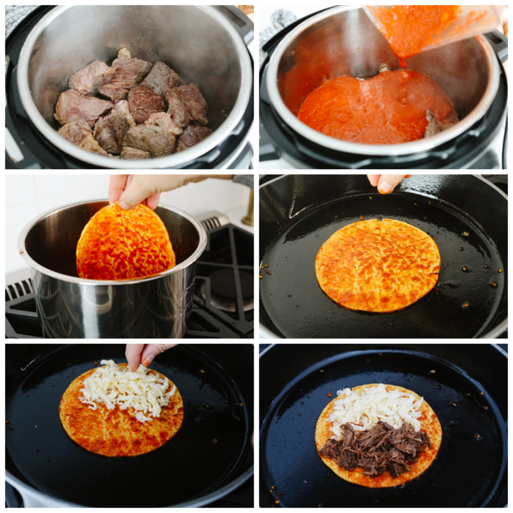 6 pictures showing how to cook the birria taco meat in the instant pot, cook the tortillas and add the filling. 