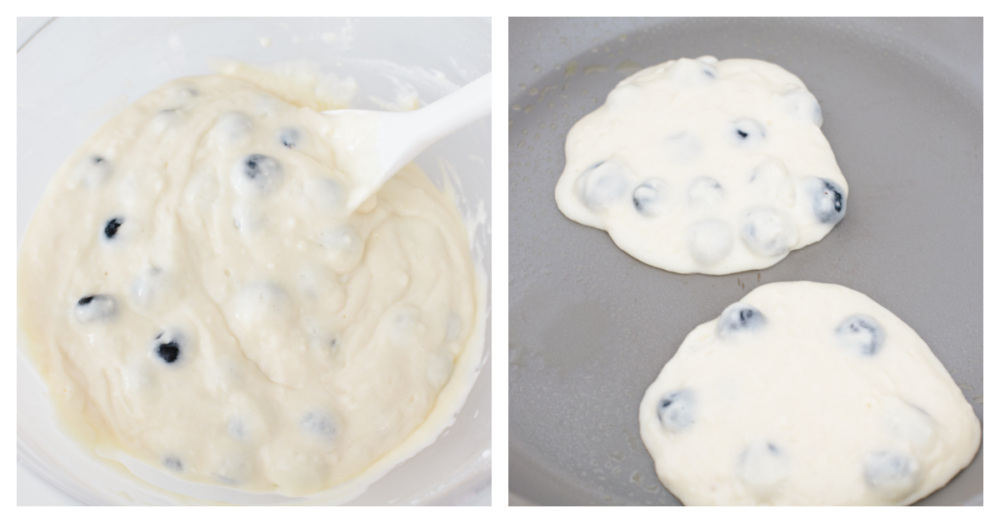 2 pictures showing pancake batter in a bowl and then being cooked as pancakes on a skillet. 