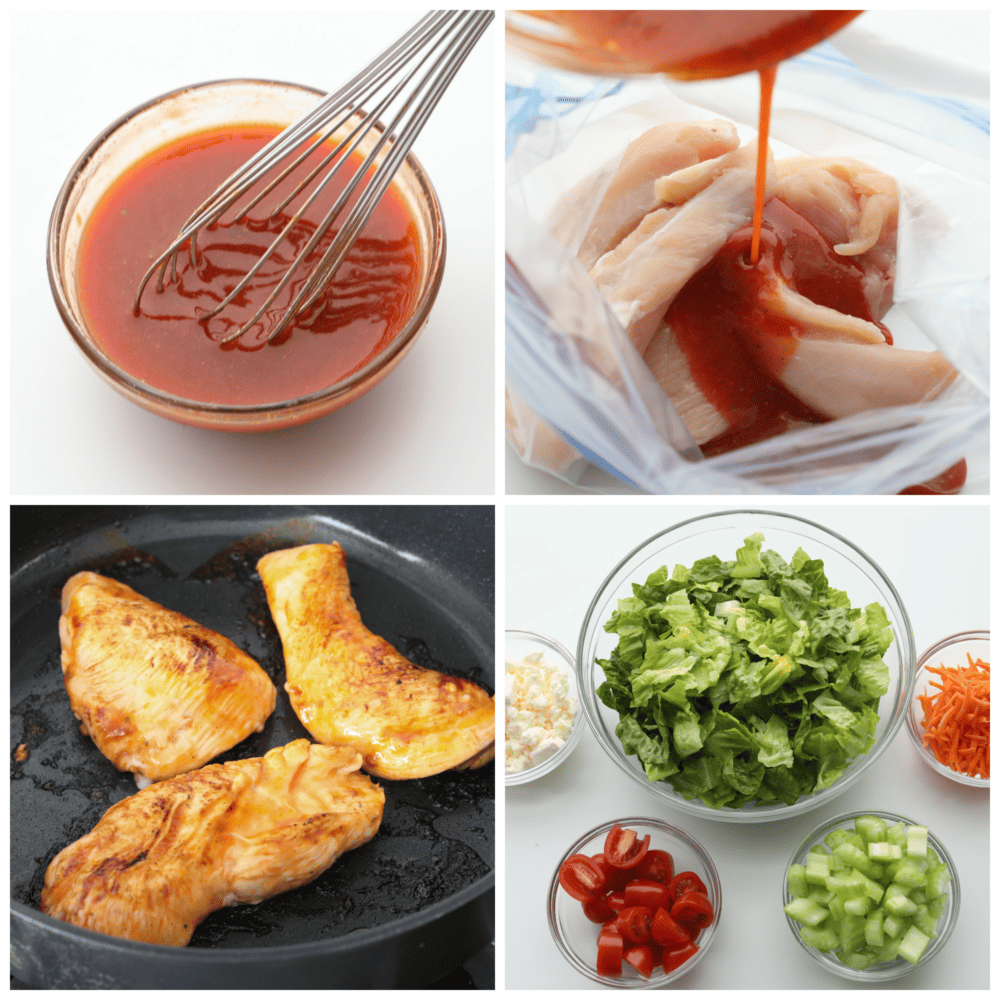 4 immagini che mostrano come preparare la marinata, aggiungerla al pollo, cuocere il pollo e mescolare gli ingredienti dell'insalata. 