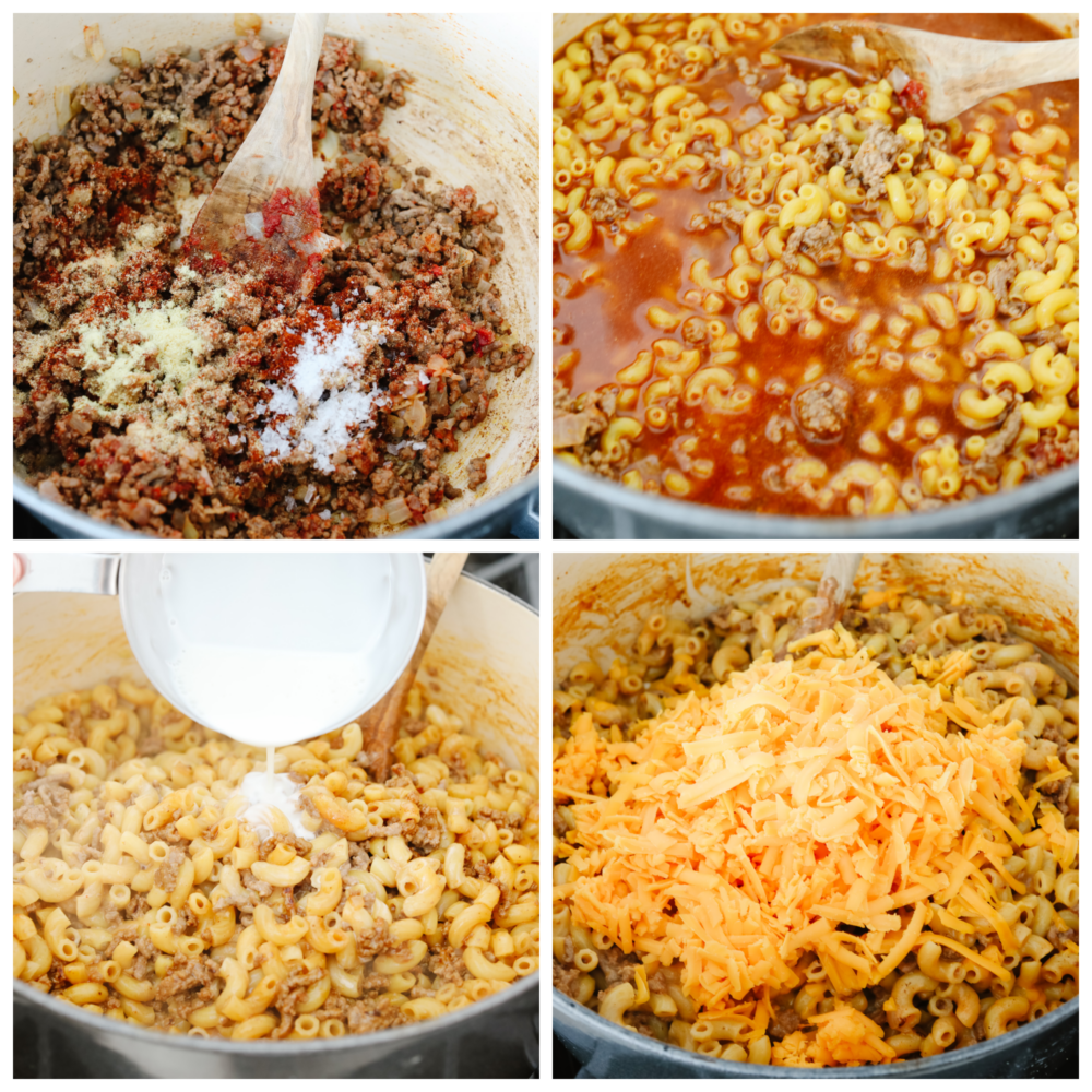 4 pictures showing how to add ingredients to the pan and mix them all together. 