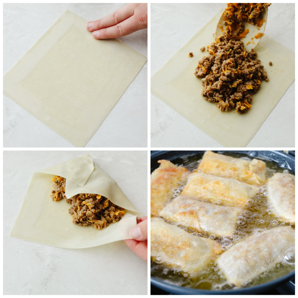 4 photos of filling being added to eggroll wrappers and then being fried in a pan.