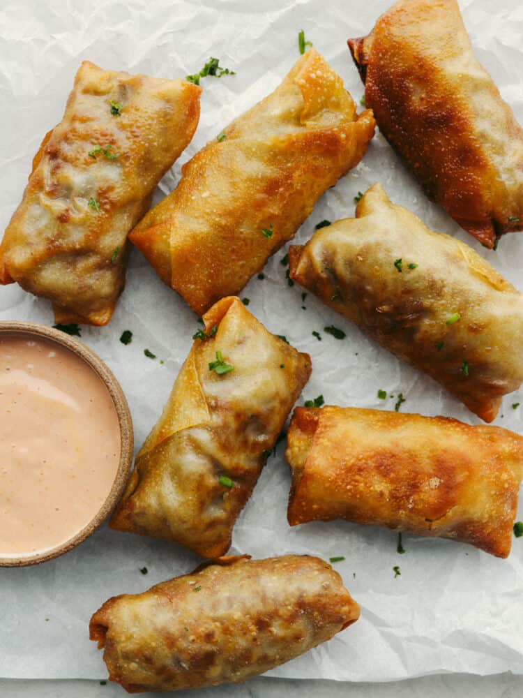 Top-down view of whole cheeseburger eggrolls.