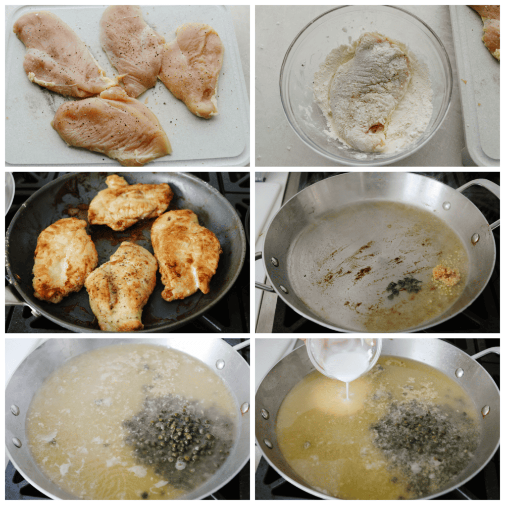 6 process photos of how to make chicken picaata.  First picture is seasoned raw chicken breasts.  Second picture is chicken dredged in flour.  Thrid picture is pan seared cooked chicken. Fourth picture is empty skillet with garlic cooking.  Fifth picture is capers and liquids added.  Sixth picture is cornstarch mixture being added to thicken sauce.