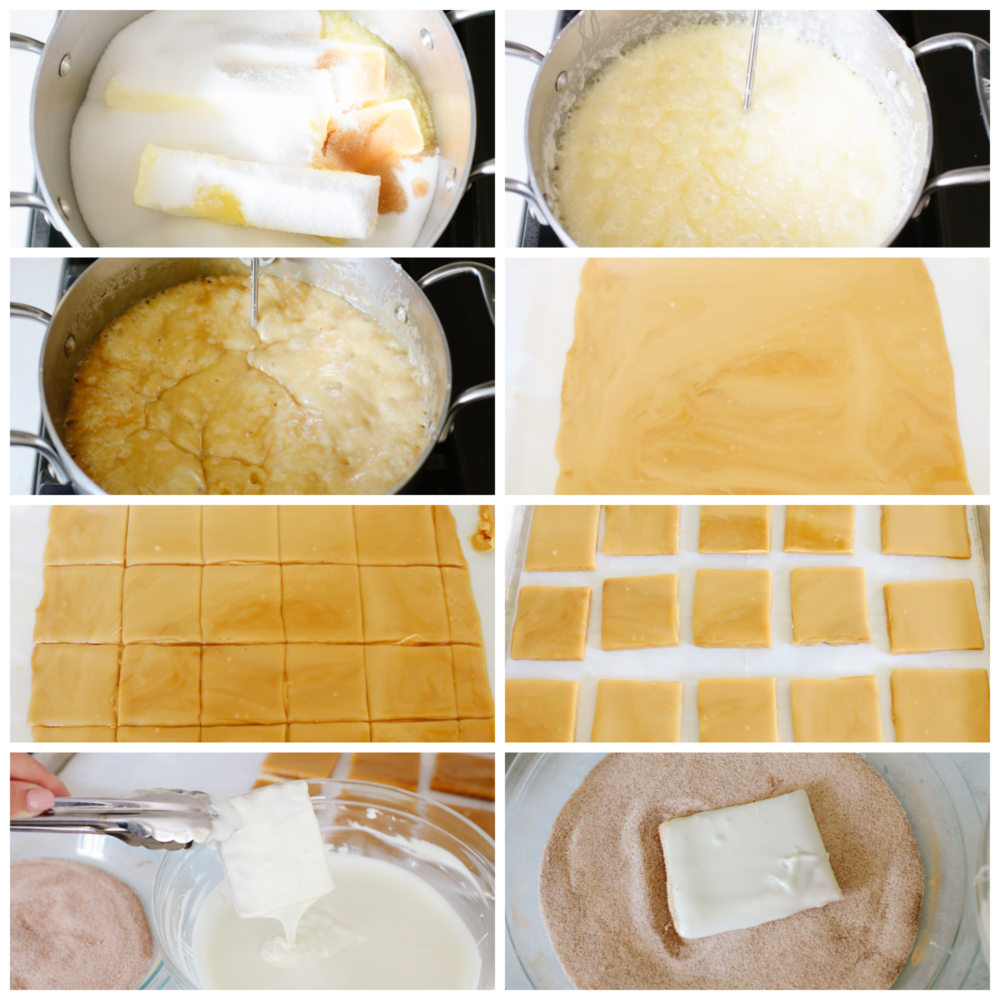 8 pictres showing how to mix the churro toffee on the stove, slice the pieves and coat it with topping. 