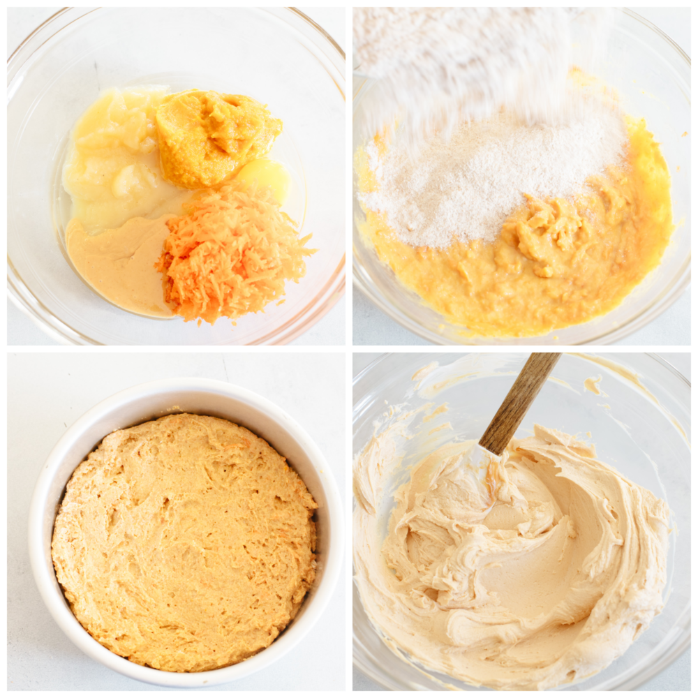 Un collage de 4 photos de la préparation de la pâte à cupcake pour chien.