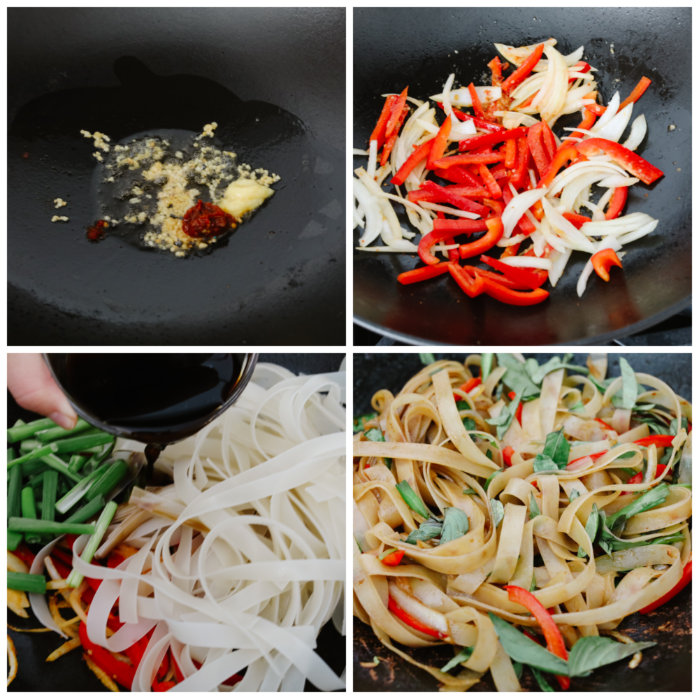 4 Bilder zeigen, wie man die Nudeln kocht und Gewürze und Gemüse hinzufügt. 