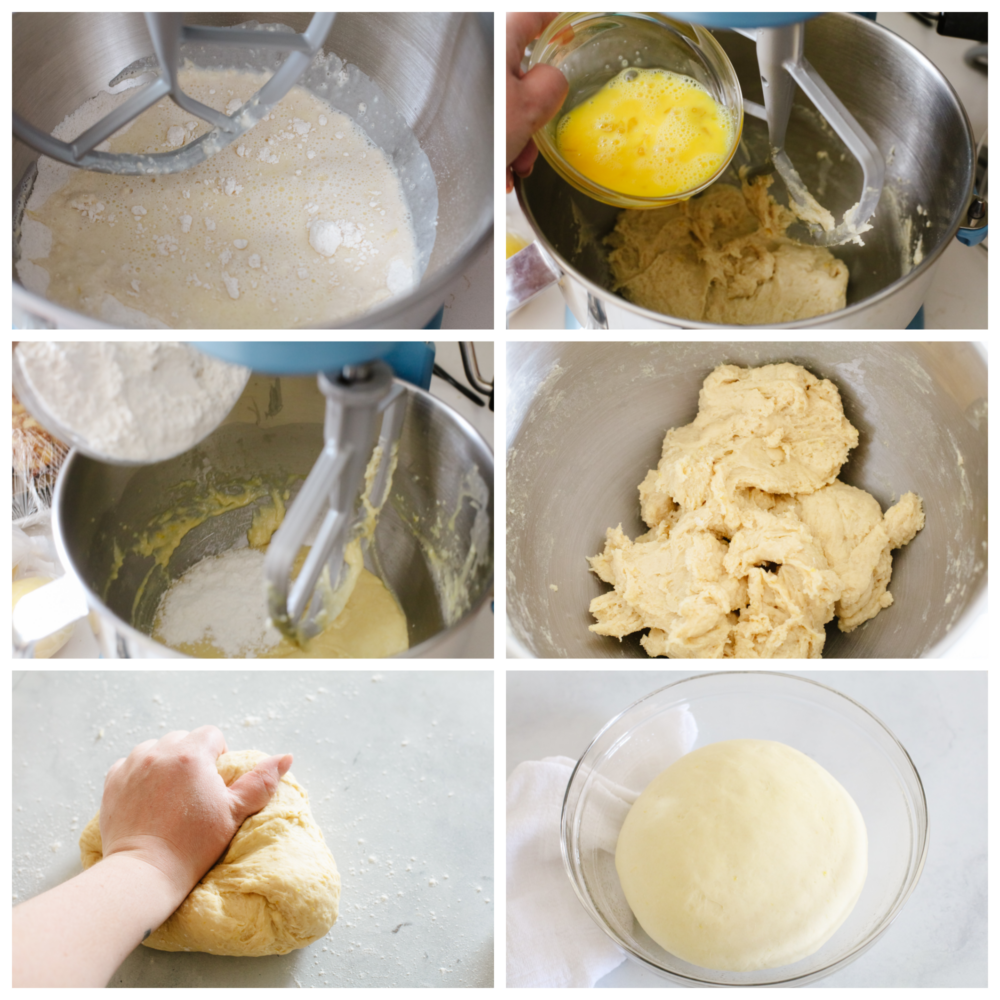 Process shots of preparing bread dough.