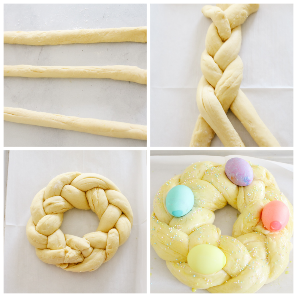 4 photos of braiding dough and adding sprinkles and decorations.
