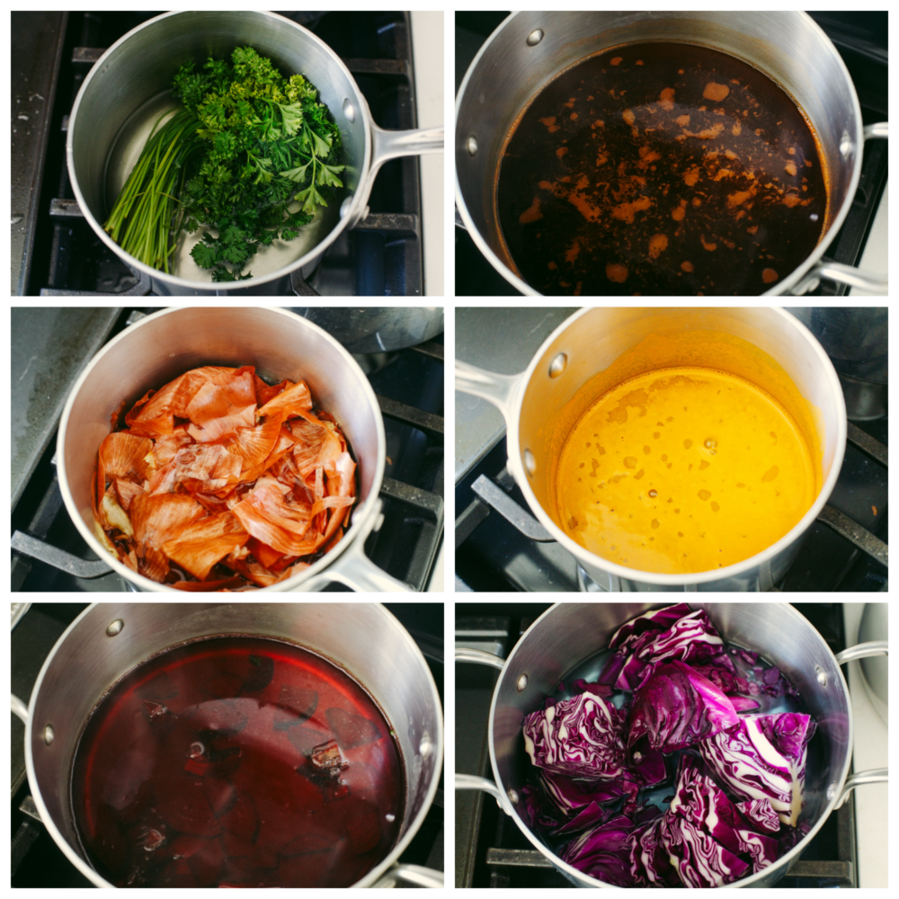 Boiling vegetables and spices to create dye.