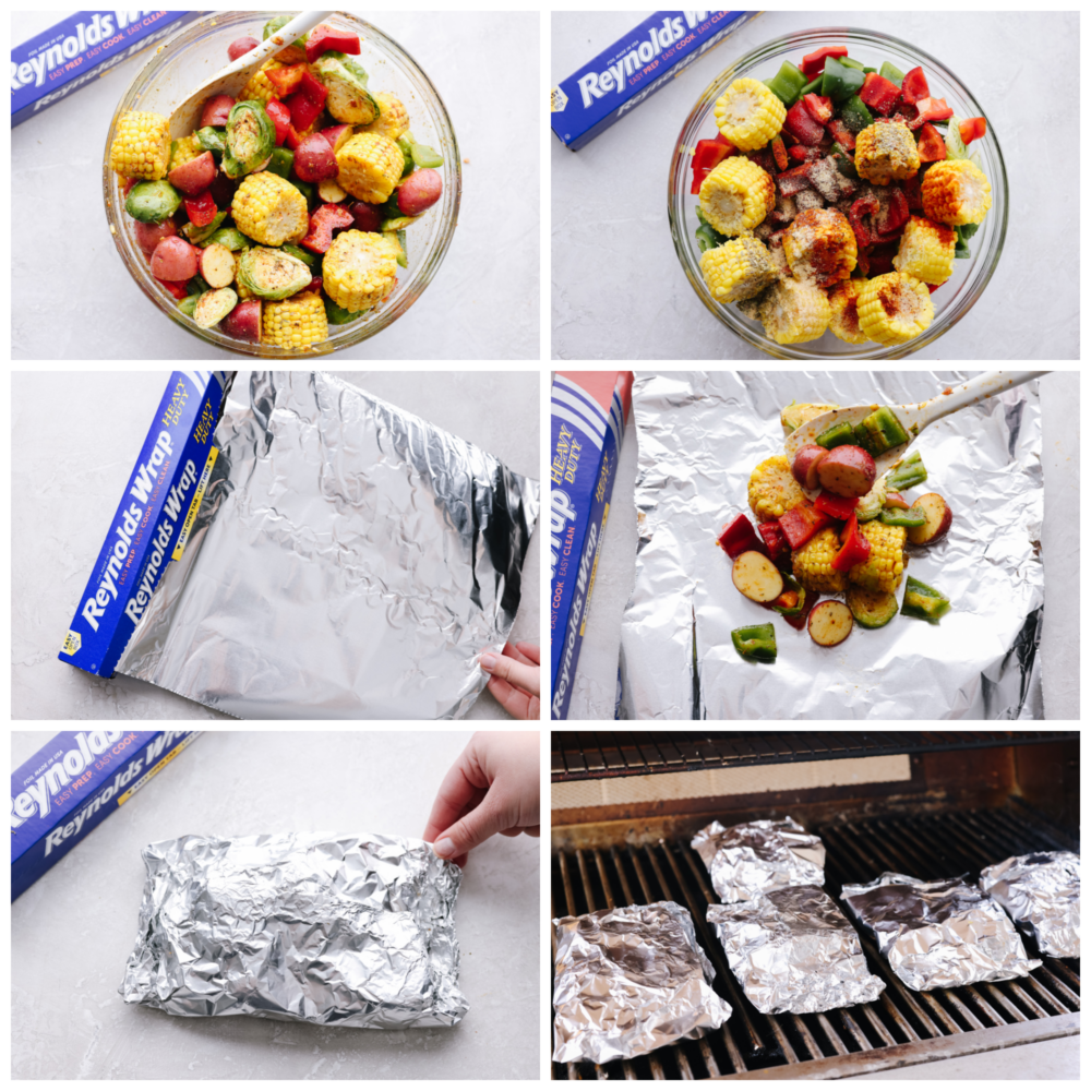 6 pictures showing how to season, pack and cook reynolds packets on the grill. 