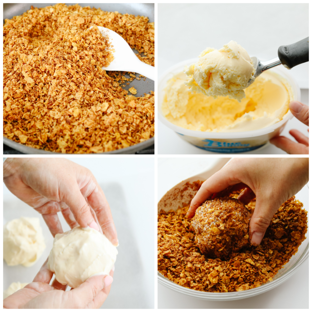 4 process photos of preparing cornflake coating and shaping ice cream balls.