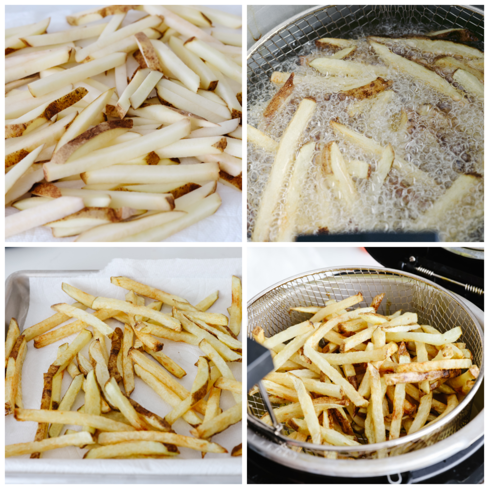 4 foto che mostrano come tagliare le patate, aggiungerle all'olio e cuocerle. 