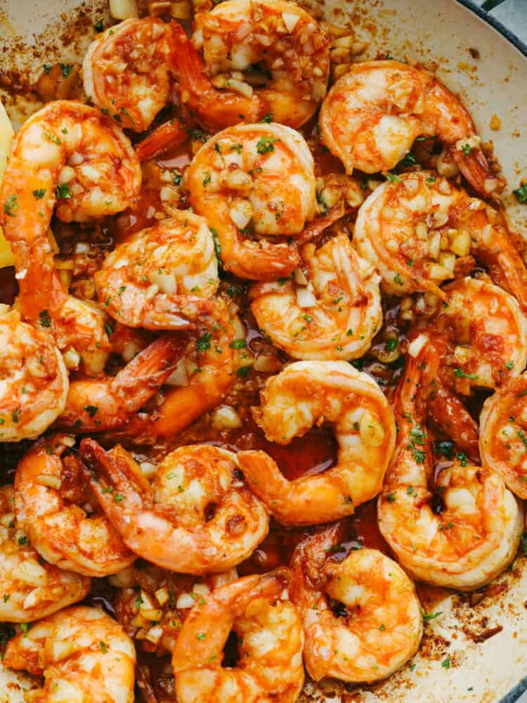 Closeup of Hawaiian-style garlic shrimp.