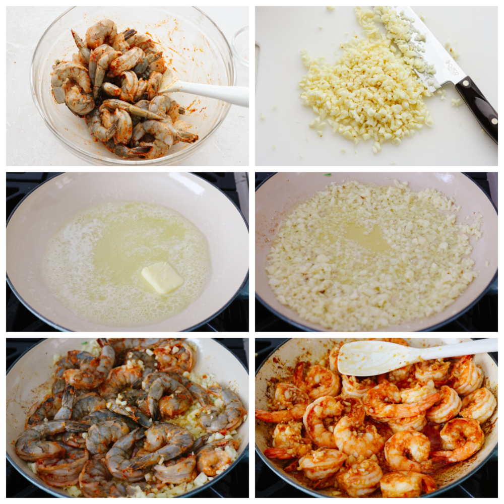 Process photos of preparing shrimp and garlic butter sauce.
