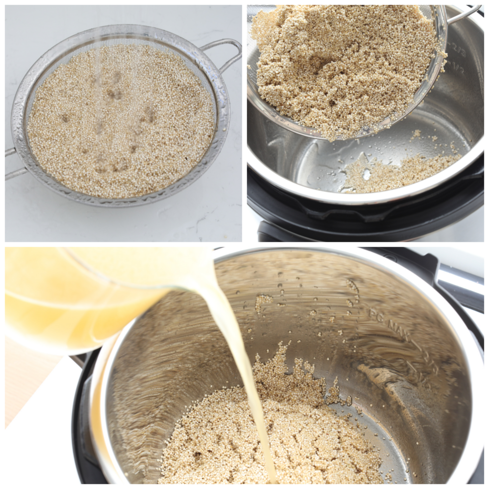 3 pictures whoing how to rinse quinoa and add it to the instant pot with some chicken broth. 