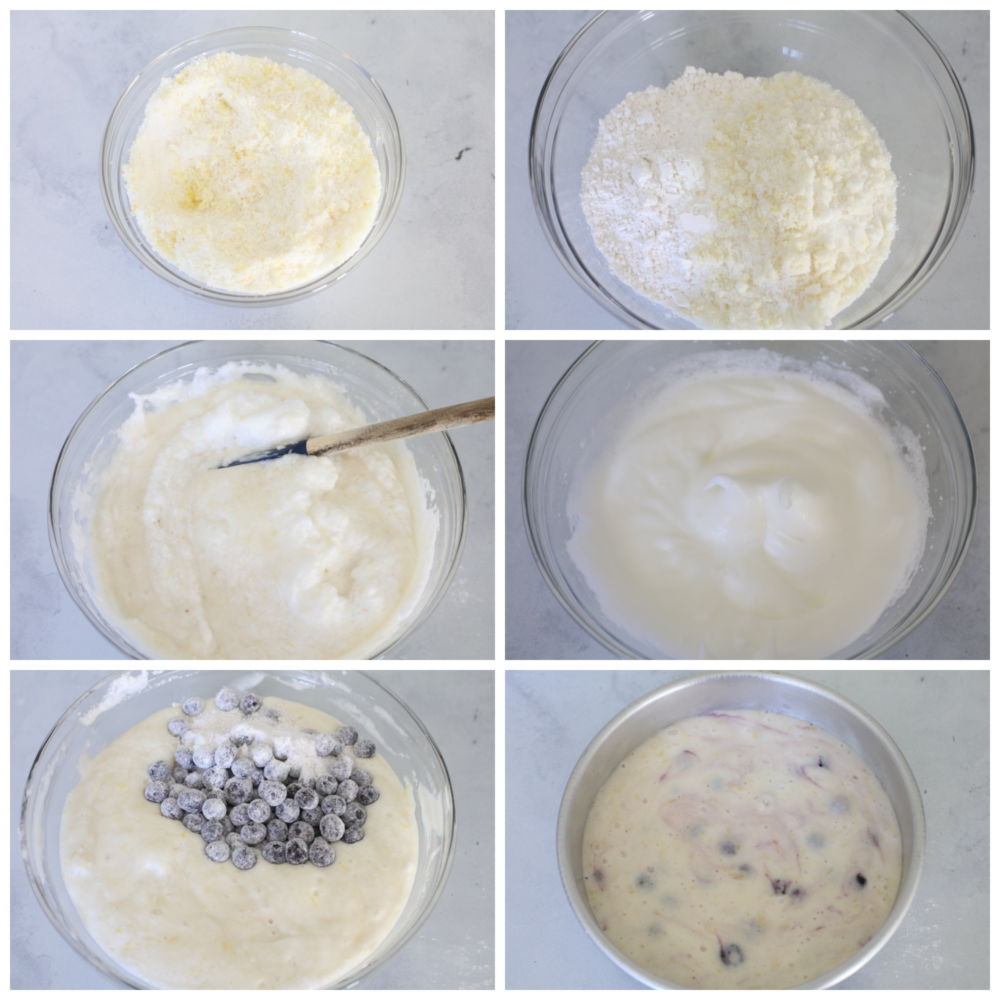 6 pictures showing how to mix the cake batter in a clear bowl. 