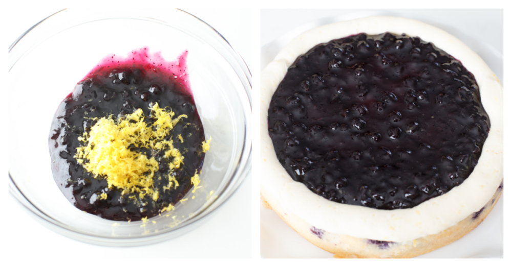 2 pictures showing how to make the blueberry filling and add it to the baked cake. 