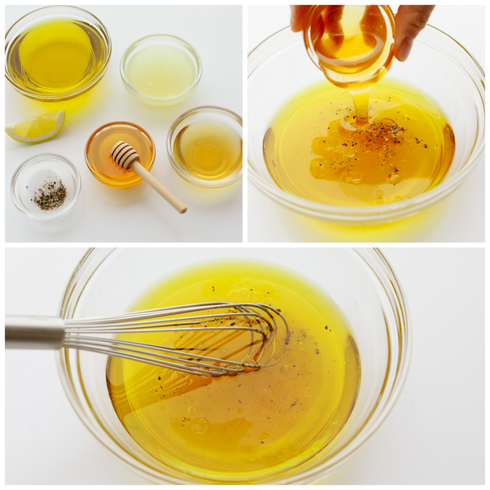 3 pictures showing how to measure out the ingredients and mix them together in a large, glass bowl. 