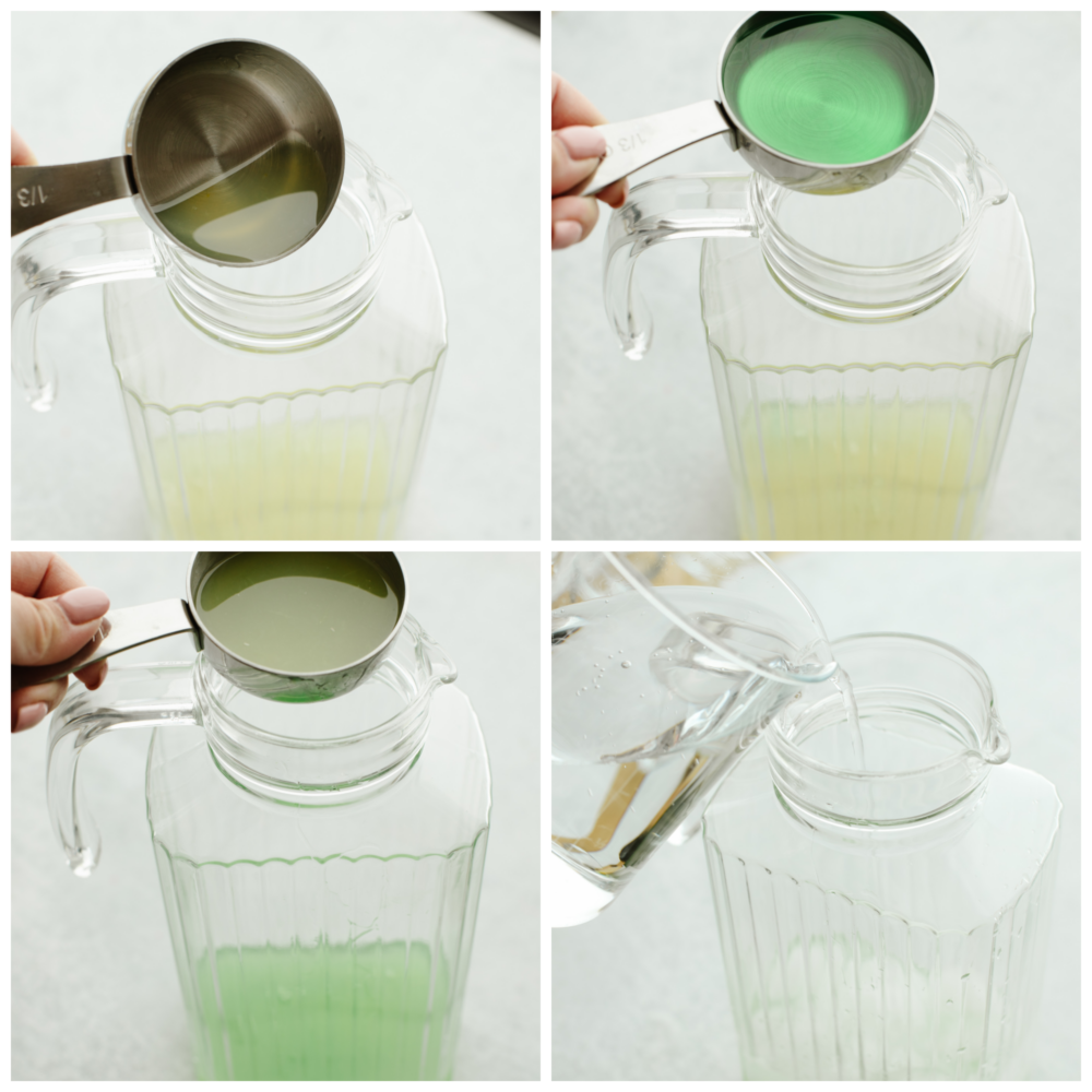 4 pictures showing how to add all of the ingredients to a clear, glass, ribbed pitcher. 