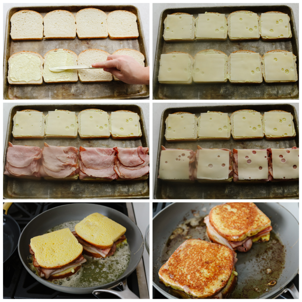 6 pictures shoiwng how to assemble and cook a monte cristo sandwich. 