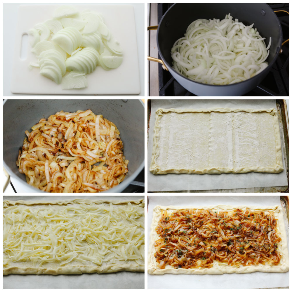 6 photos montrant comment faire des oignons caramélisés, comment les ajouter à la pâte feuilletée et les préparer pour les envoyer au four. 