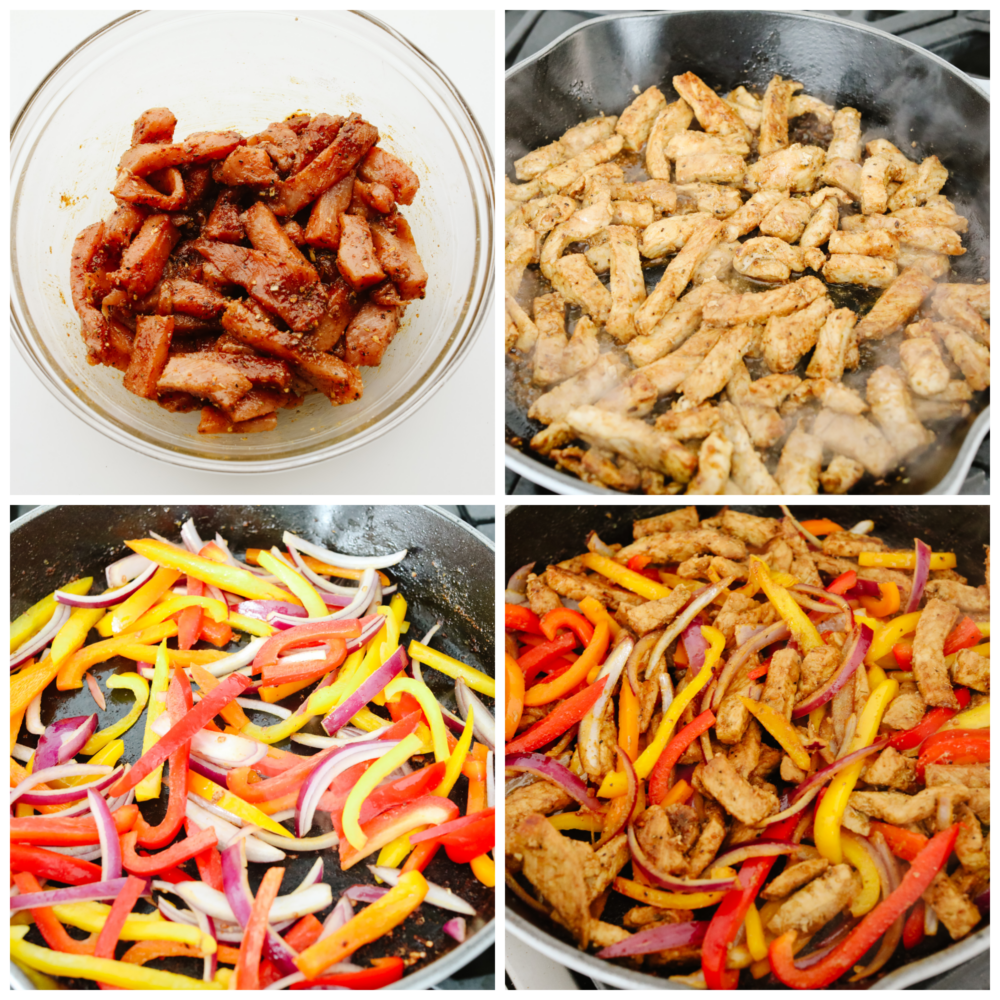 4 pictures showing how to season and cook the meat and then add in the vegetables. 