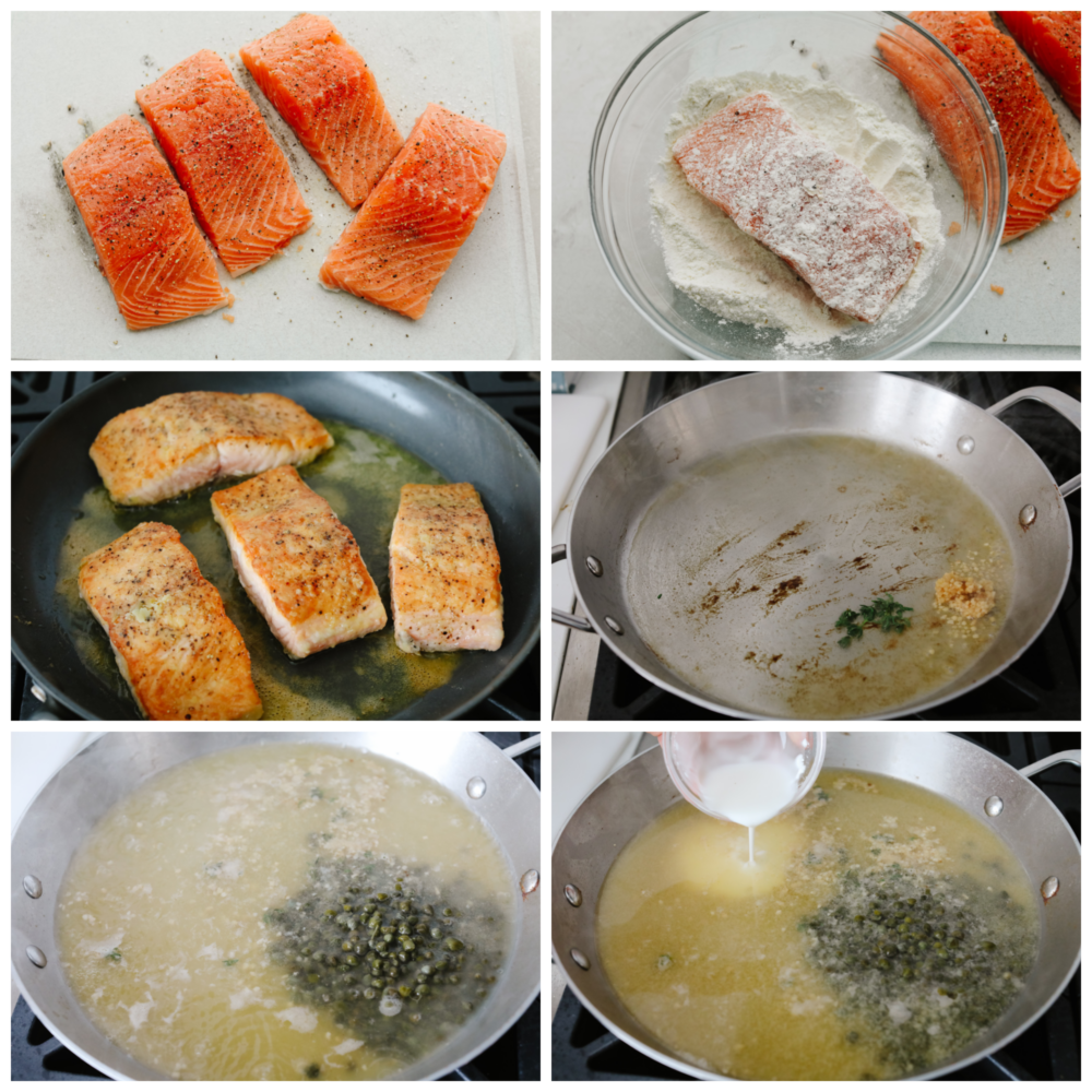 6 photos montrant comment fariner des filets de saumon puis les cuire à la poêle avec de la sauce. 