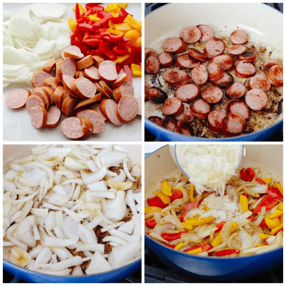 4 pictures showing how to brown kielbasa, cook vegetables and add in the sauerkraut. 