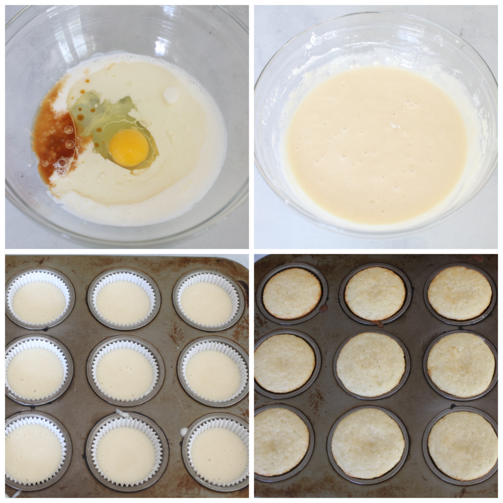 4 pictures showing how to make cupcake batter and fill the cupcake tin. 
