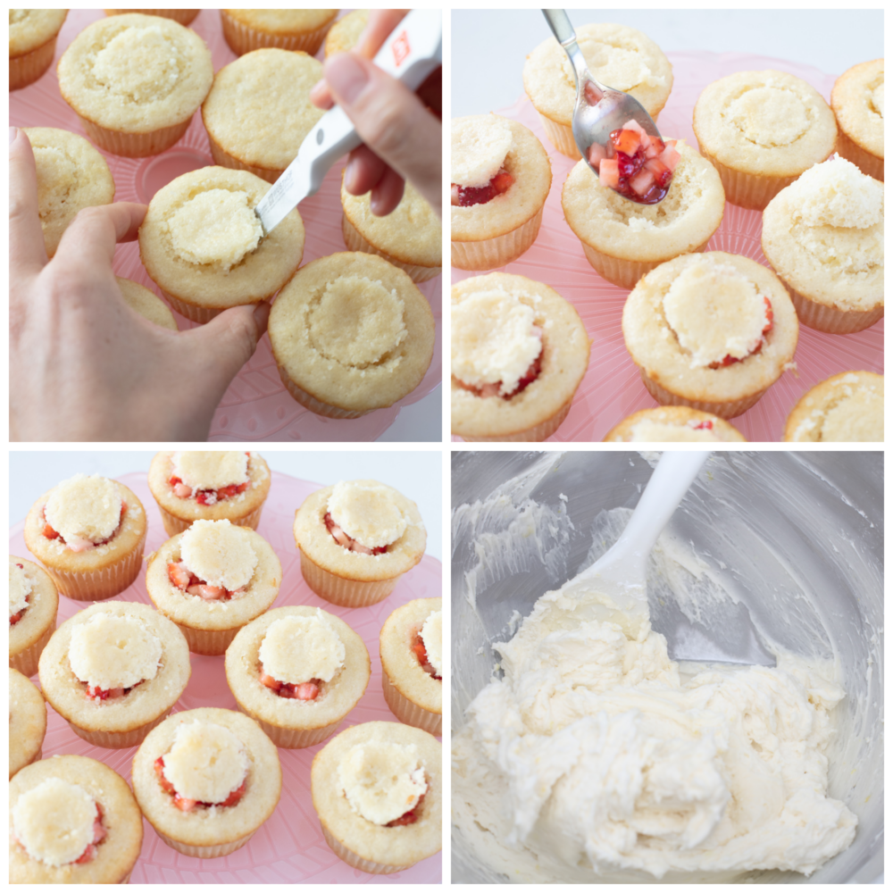 4 pictures showing how to cut out the middle of the cupcake, insert the filling and make the frosting. 
