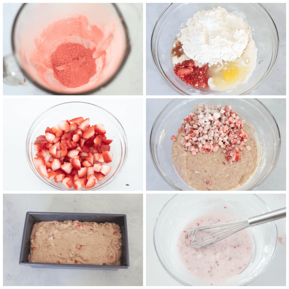 6 pictures showing how to mix the strawberry batter , add it into a loaf pan and mix up the strawberry glaze. 